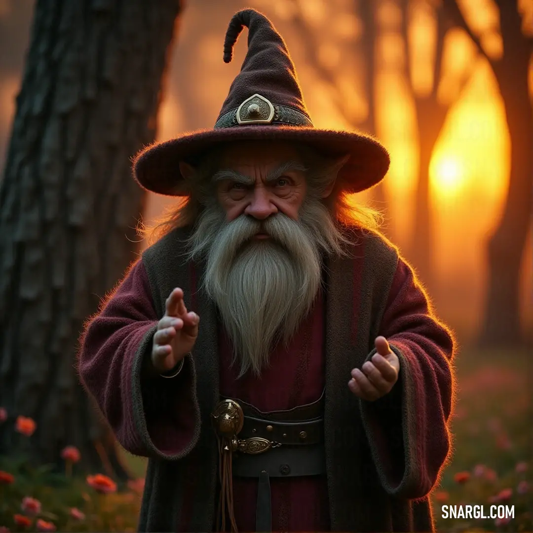 The wizard, cloaked in wisdom and surrounded by nature’s beauty, stands in a lush forest of vibrant flowers and tall trees. His presence harmonizes with the peaceful energy of the forest. A wise wizard with a long beard and pointed hat stands in a vibrant forest, surrounded by colorful flowers and towering trees. His calm demeanor blends harmoniously with the magical, verdant surroundings.