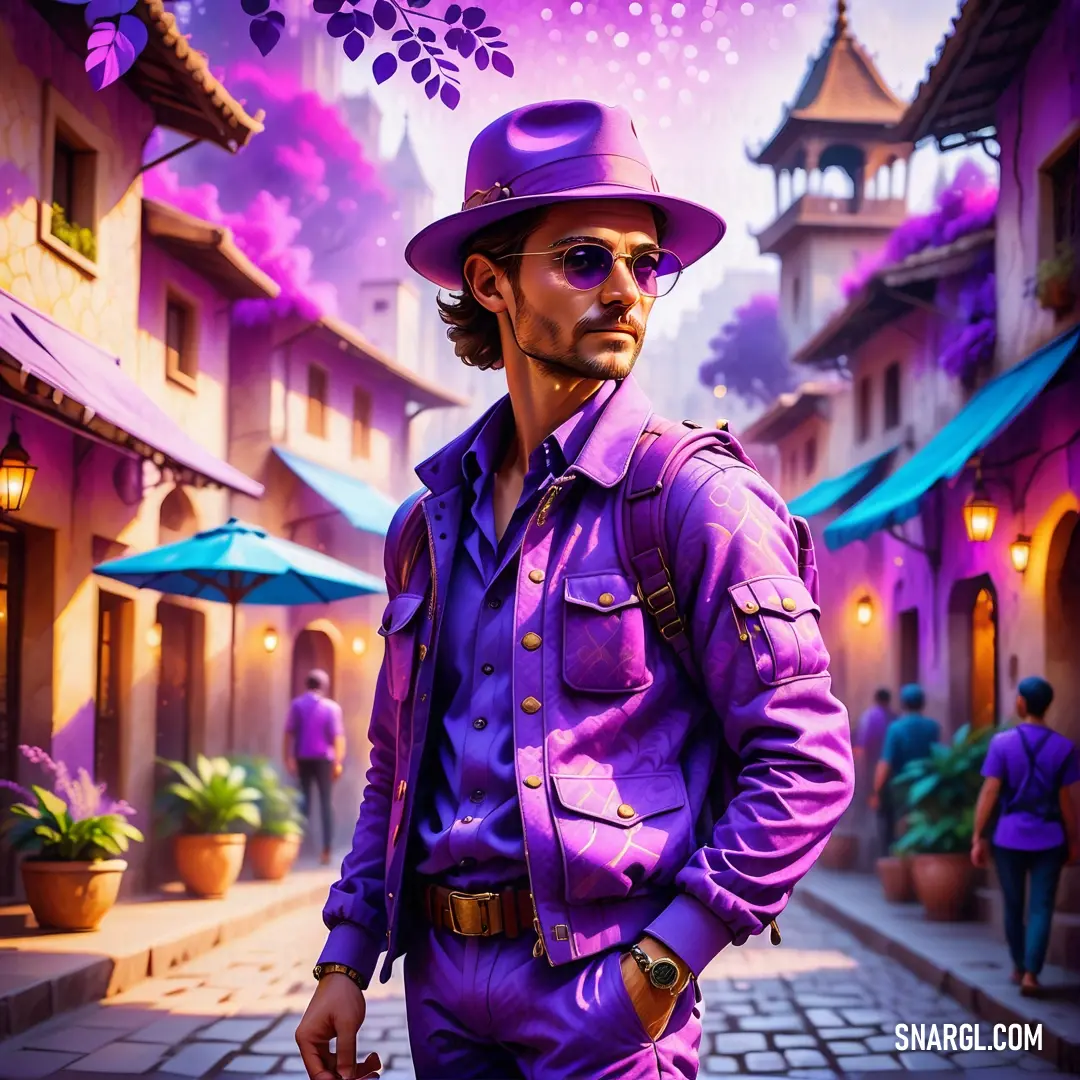 Man in a purple suit and hat standing in a street with a purple background
