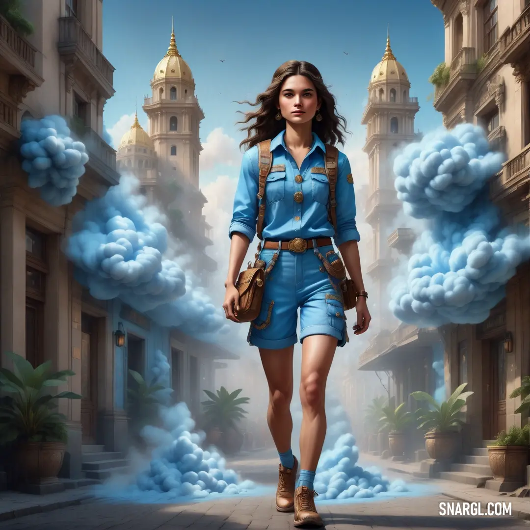 Woman walking down a street in front of a building with a clock tower in the background and clouds of smoke