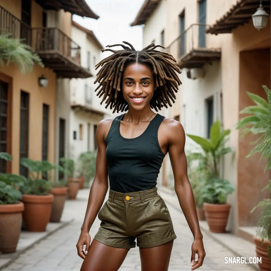 Woman with dreadlocks standing in a courtyard of a building with potted plants
