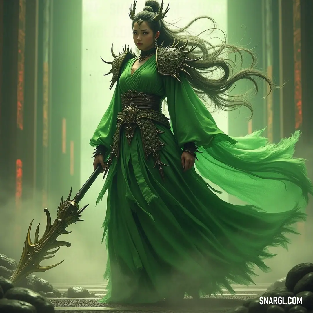 A mesmerizing portrayal of Toyotama-hime in her deep green dress, poised in a fog-shrouded forest, sword ready, capturing the heart of a brave warrior navigating through the unknown. Amidst a misty forest filled with rocks and enchanting fog, Toyotama-hime, dressed in a rich green gown, brandishes her sword with determination. The mysterious ambiance adds an element of intrigue to her story.