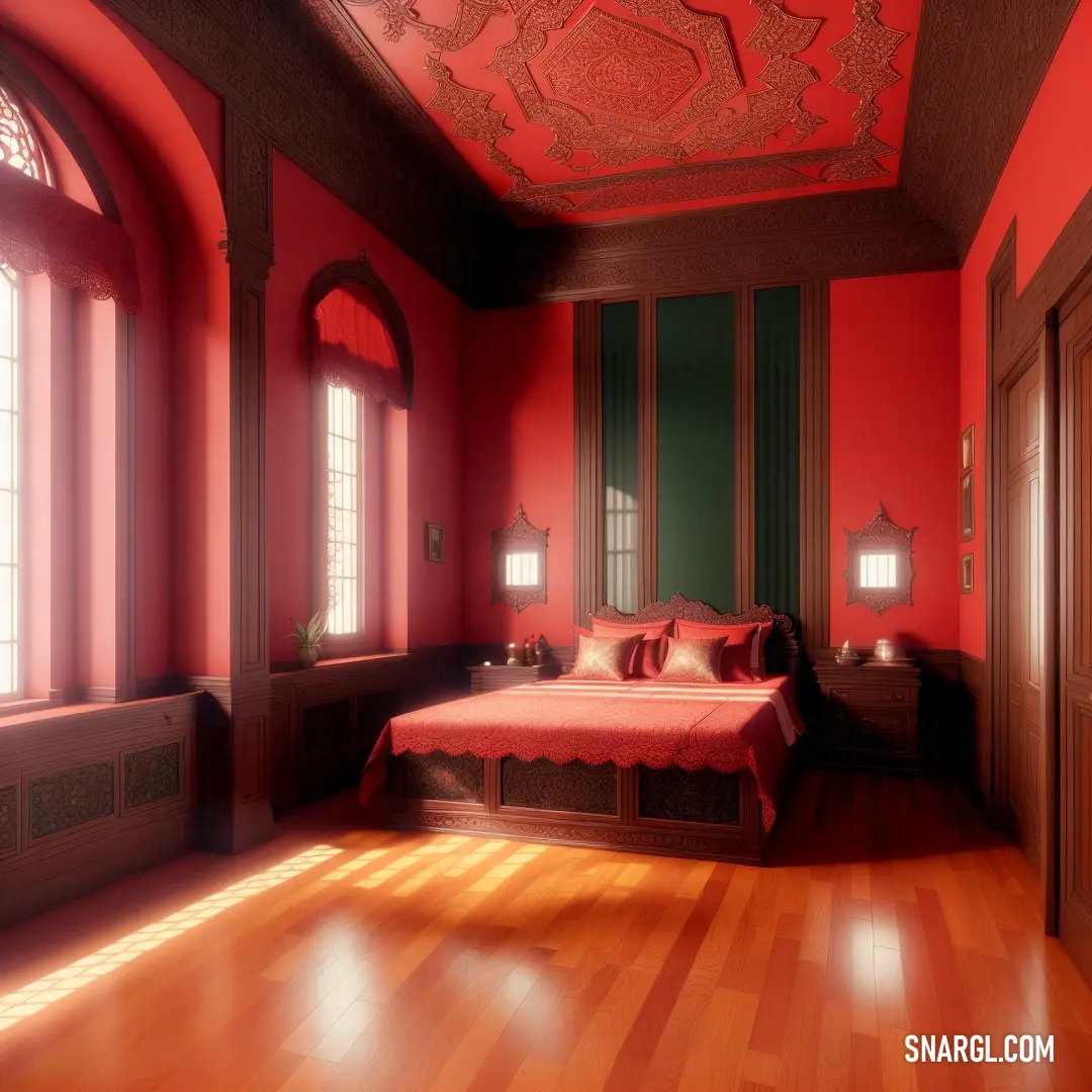 Bedroom with a red bed and a wooden floor and a red wall with a window. Color CMYK 0,94,79,1.