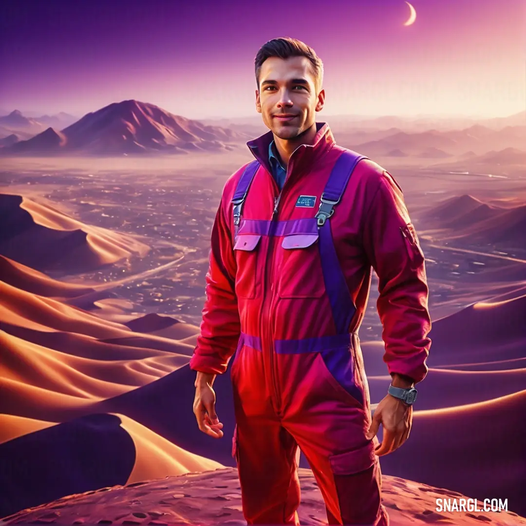 Man in a red and purple suit standing on a desert landscape with mountains in the background and a moon in the sky