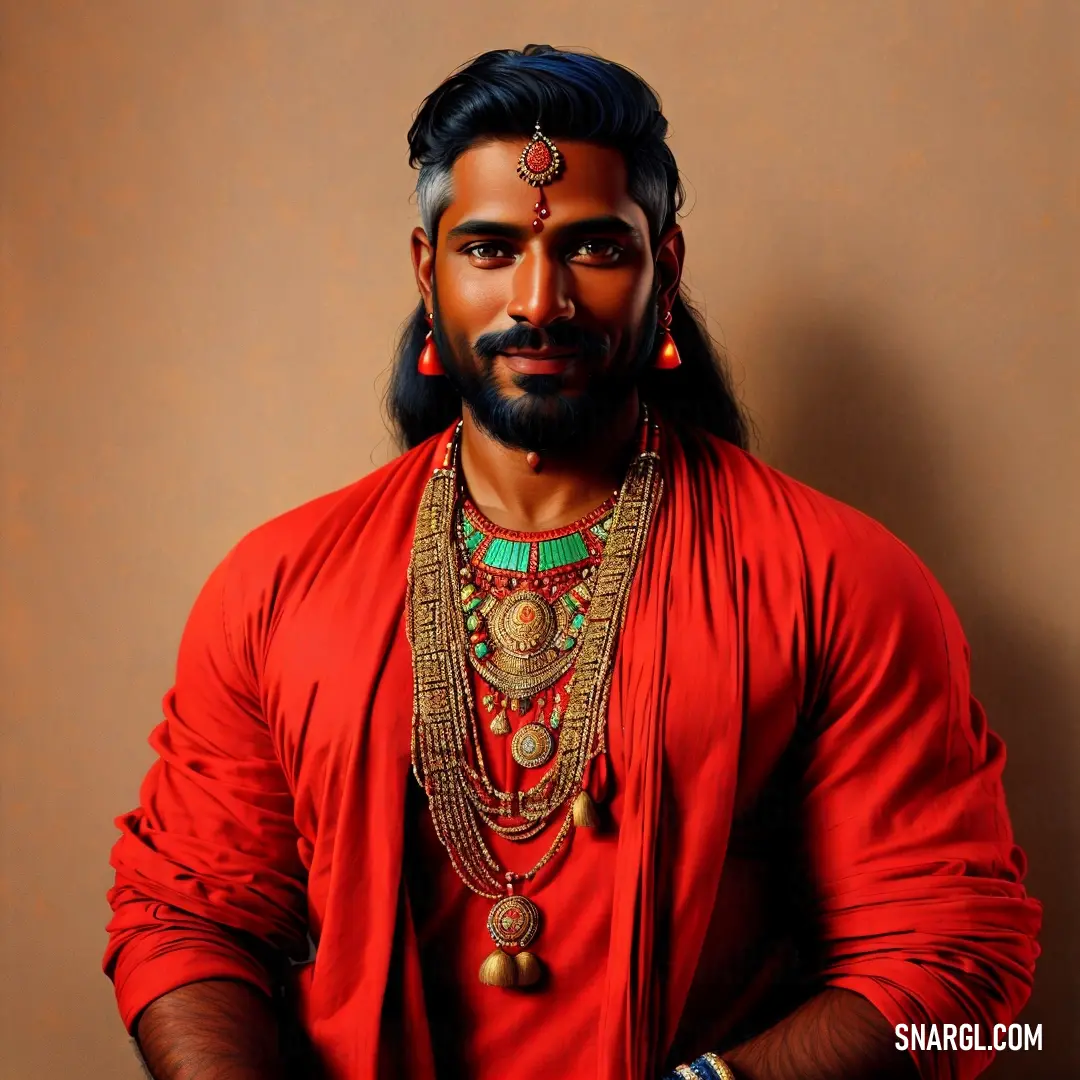 Man with a beard wearing a red outfit and a necklace with a gold and green pendant on it