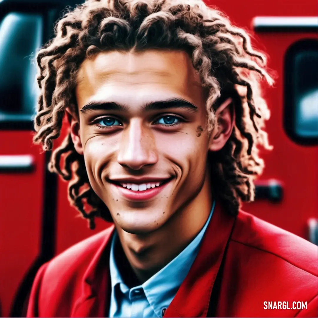 Man with curly hair and a red jacket smiling at the camera with a red fire truck in the background. Example of #FD0E35 color.