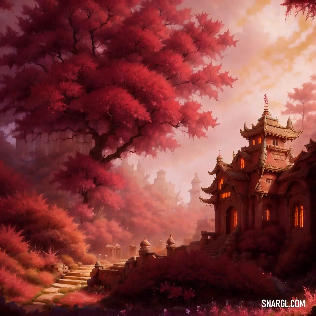Painting of a castle in the middle of a forest with stairs leading up to it and a tree with red leaves