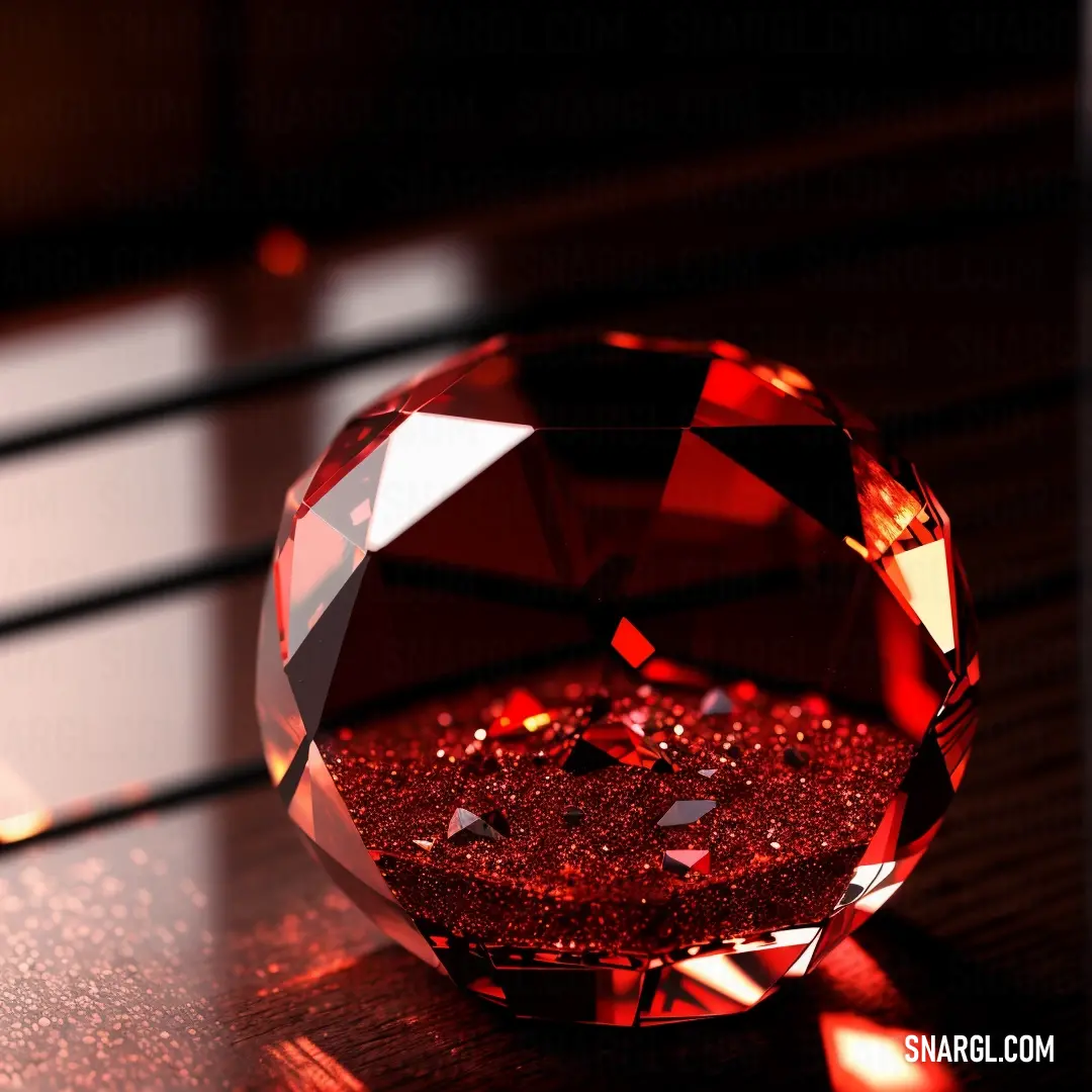 Red diamond on top of a wooden table next to a window sill and a light shining on it