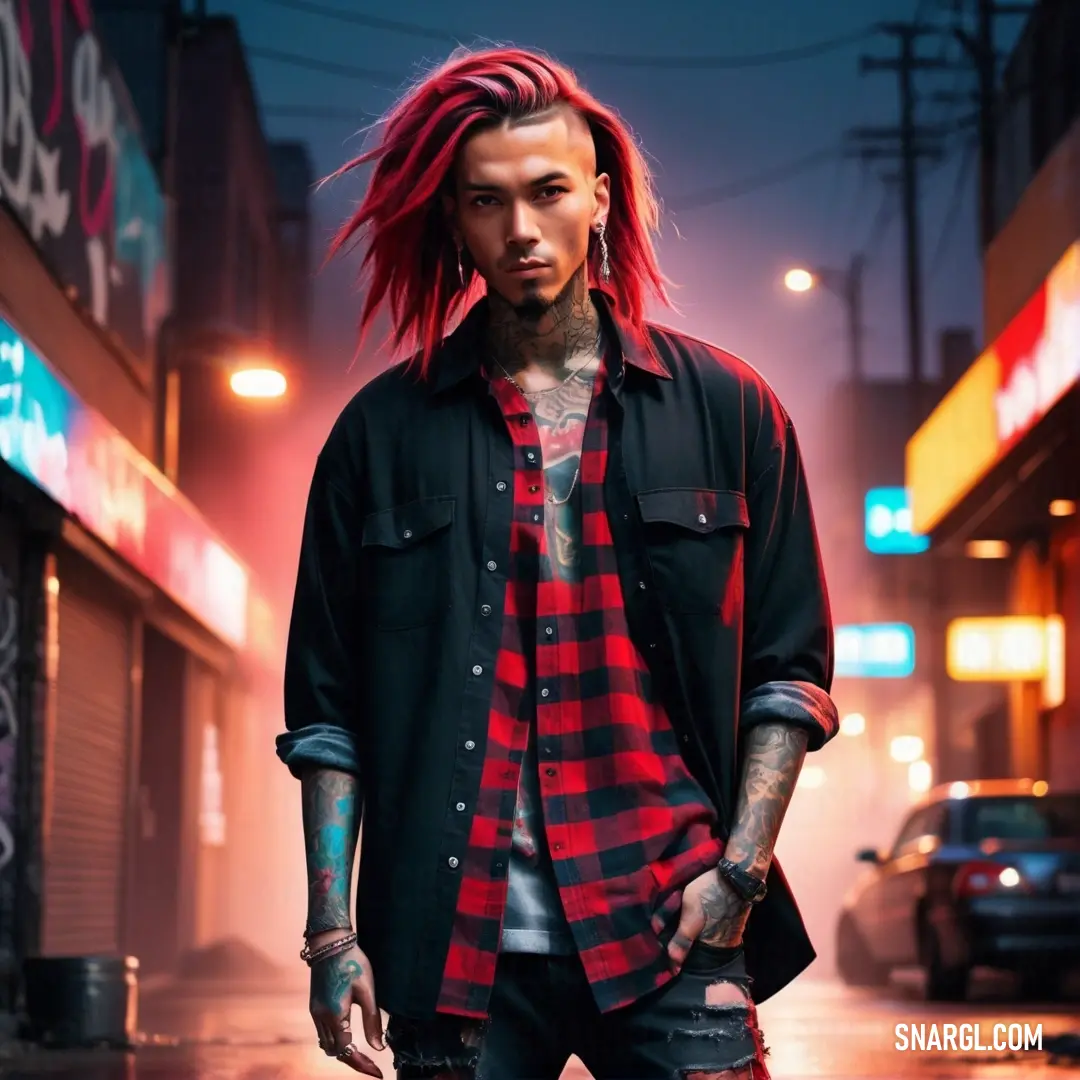 Man with red hair and piercings standing on a street corner in the rain wearing a black shirt and jeans. Color RGB 253,14,53.