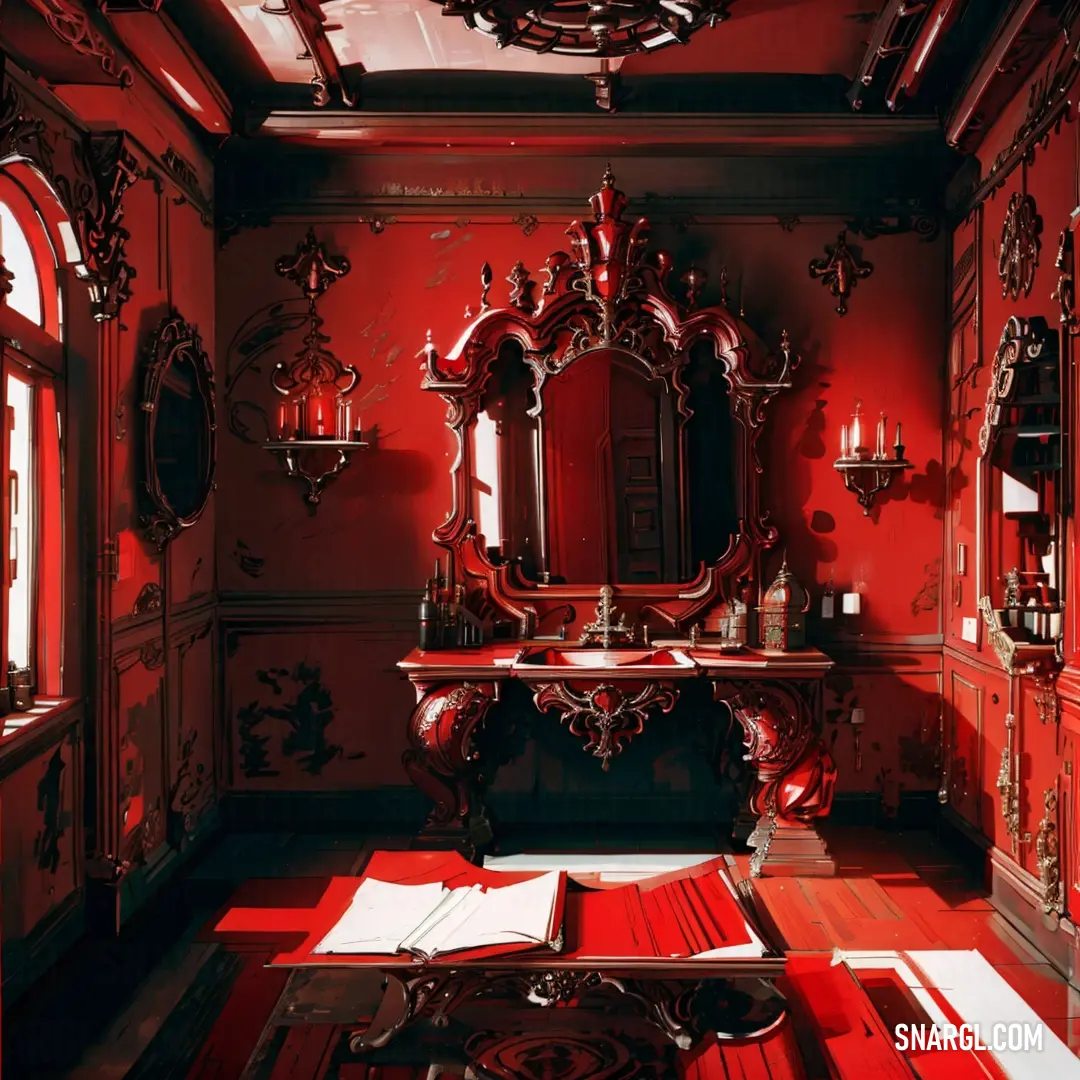 Red room with a mirror and a table with a red rug on it and a red wall. Example of #FD0E35 color.