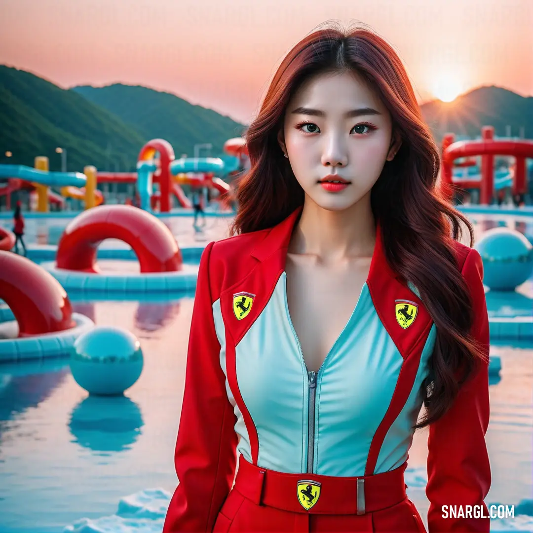 Woman in a red and white suit standing in front of a pool of water with a red and white jacket on. Example of #FD0E35 color.