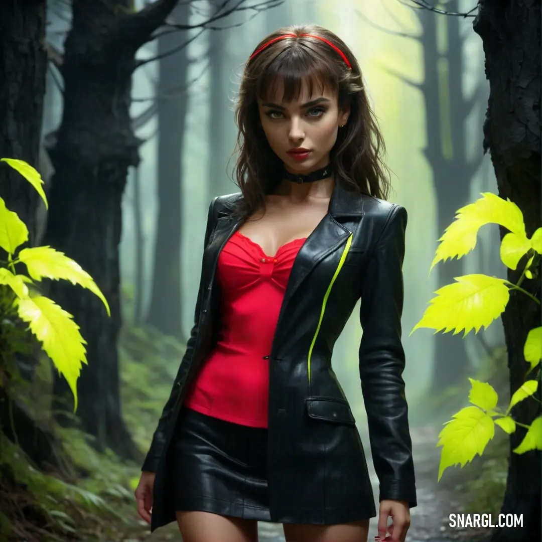 Woman in a red top and black jacket in a forest with trees and leaves on the ground and a path. Example of RGB 253,14,53 color.