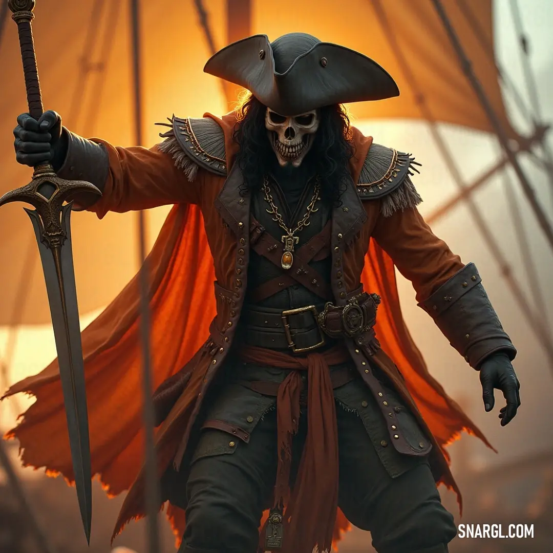 A pirate with a sword in hand, a skull across his chest, and a red cape billowing behind him, stands ready for the challenge of the high seas. A fierce pirate stands proudly, sword drawn in one hand, with a menacing skull emblazoned across his chest. His red cape flows dramatically as he gazes into the distance, ready for whatever adventure or battle lies ahead.