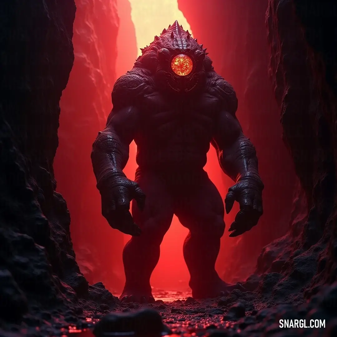 Trakk illuminated in the warm glow of a crimson cave. Trakk, bathed in a warm, glowing light, stands amidst the red decor of the cave, his expression illuminated with intrigue, hinting at secrets waiting to be discovered within the captivating environment.