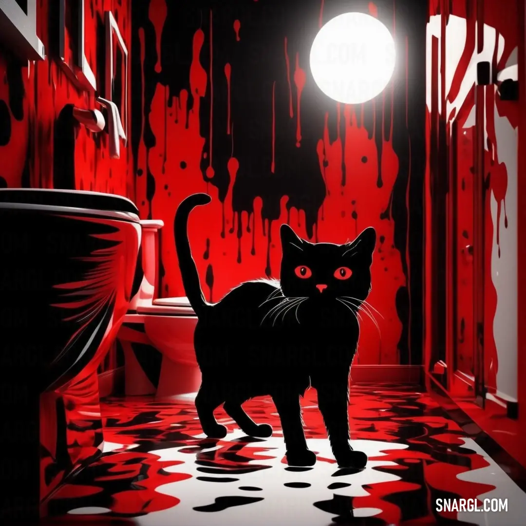Transport Red color example: Black cat walking through a red bathroom with blood dripping all over the walls