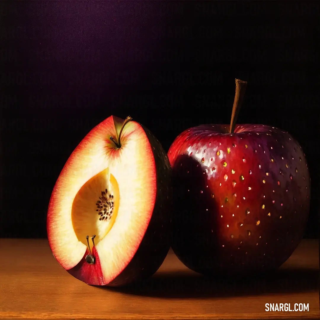 Couple of apples on top of a wooden table next to each other on a table top with a purple background