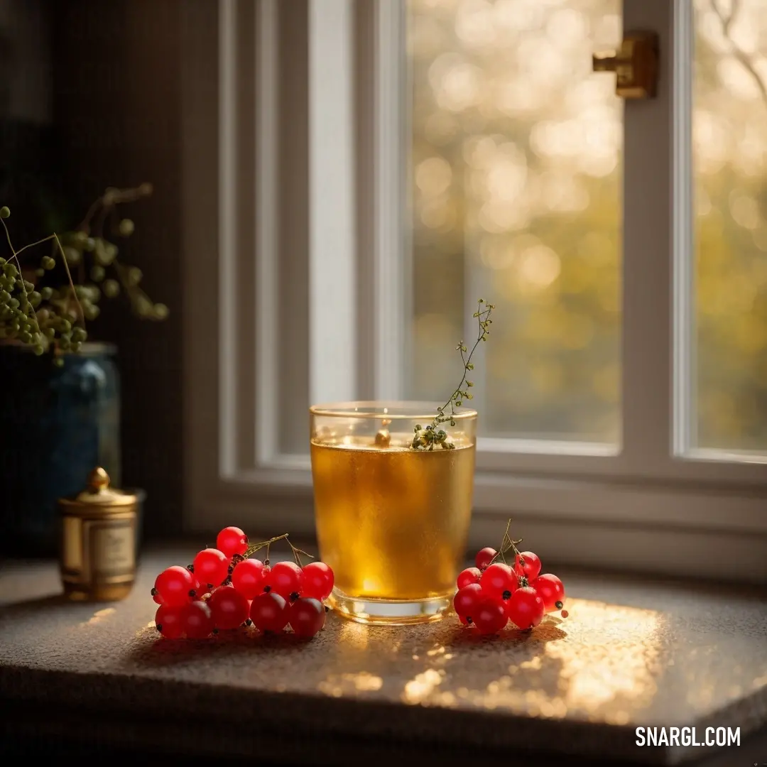 Cup of tea with berries on a table next to a window sill with a vase of flowers