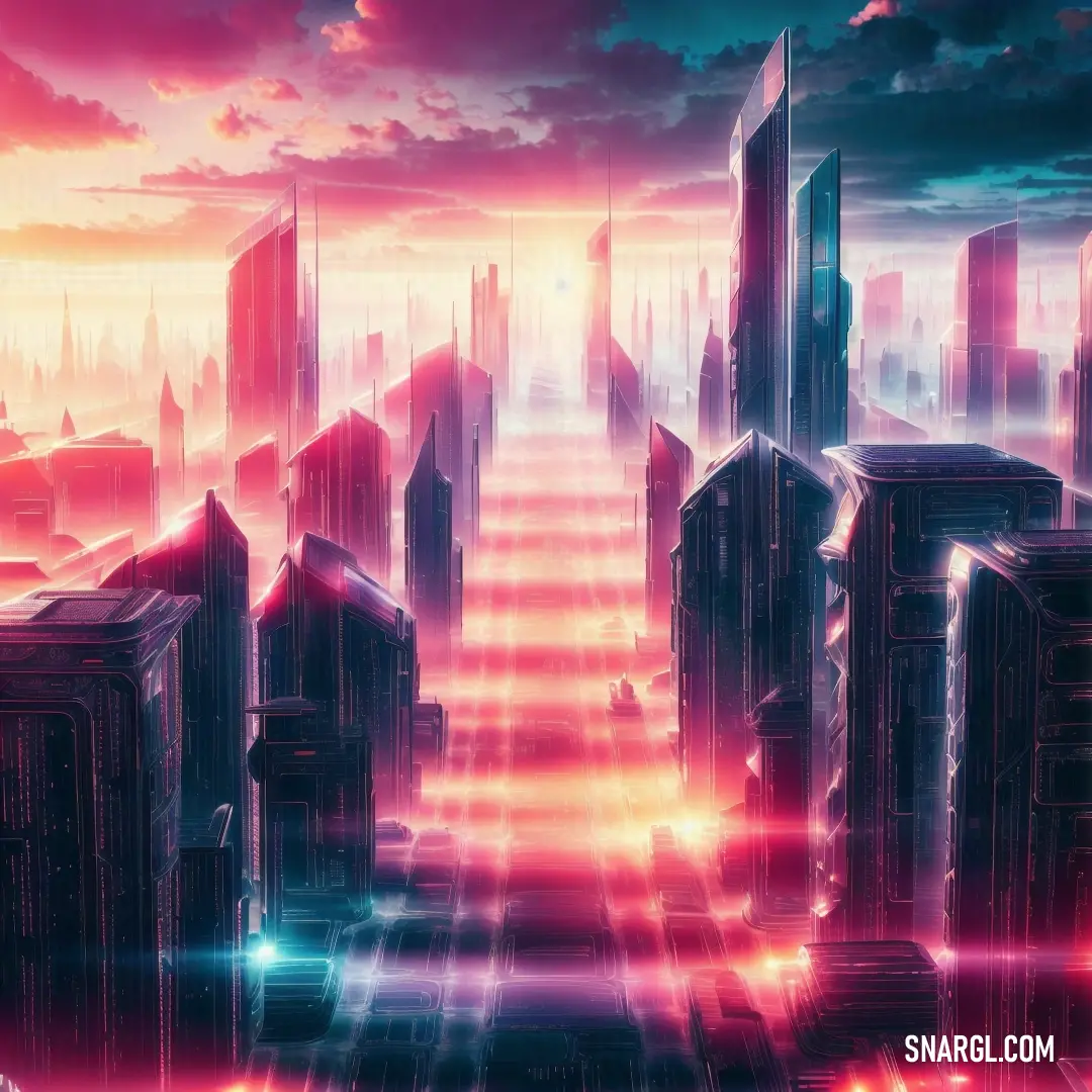 Futuristic city with a lot of tall buildings and a sky background with clouds