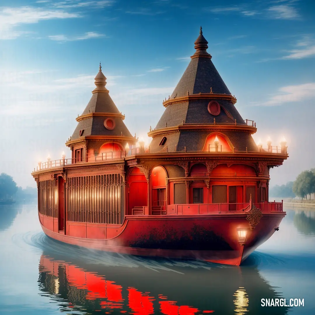 Large boat with a tower on top of it floating on water with a sky background