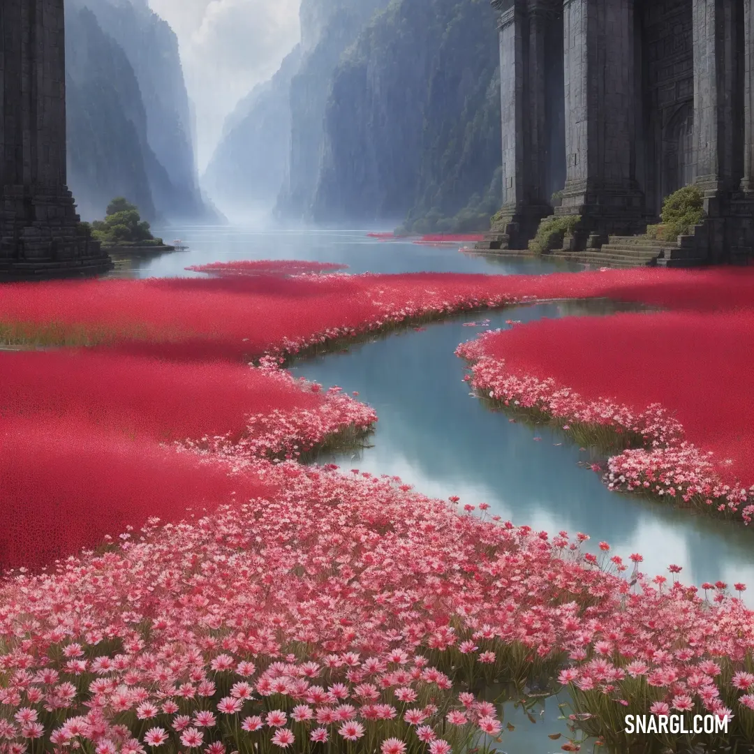 Painting of a river surrounded by pink flowers and mountains in the background with columns in the sky and a river running through the center