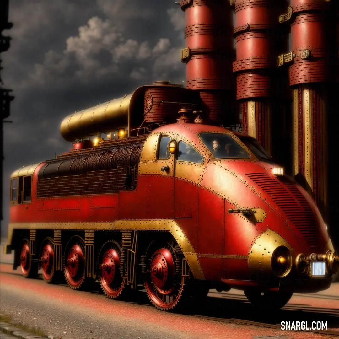 Red and gold train traveling down a street next to tall buildings and a cloudy sky with clouds in the background