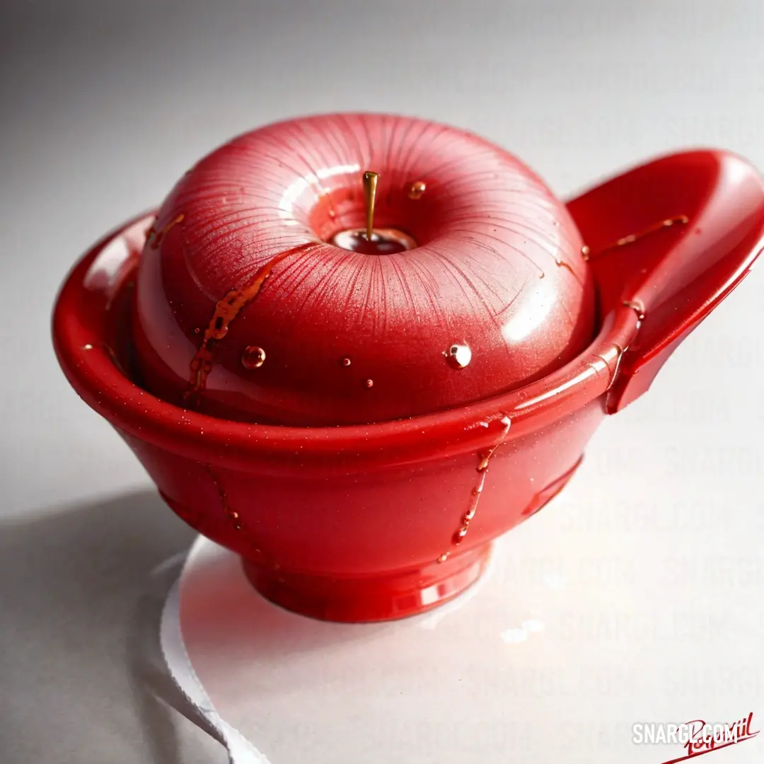 Red apple in a red bowl with a white background. Color RGB 204,6,5.