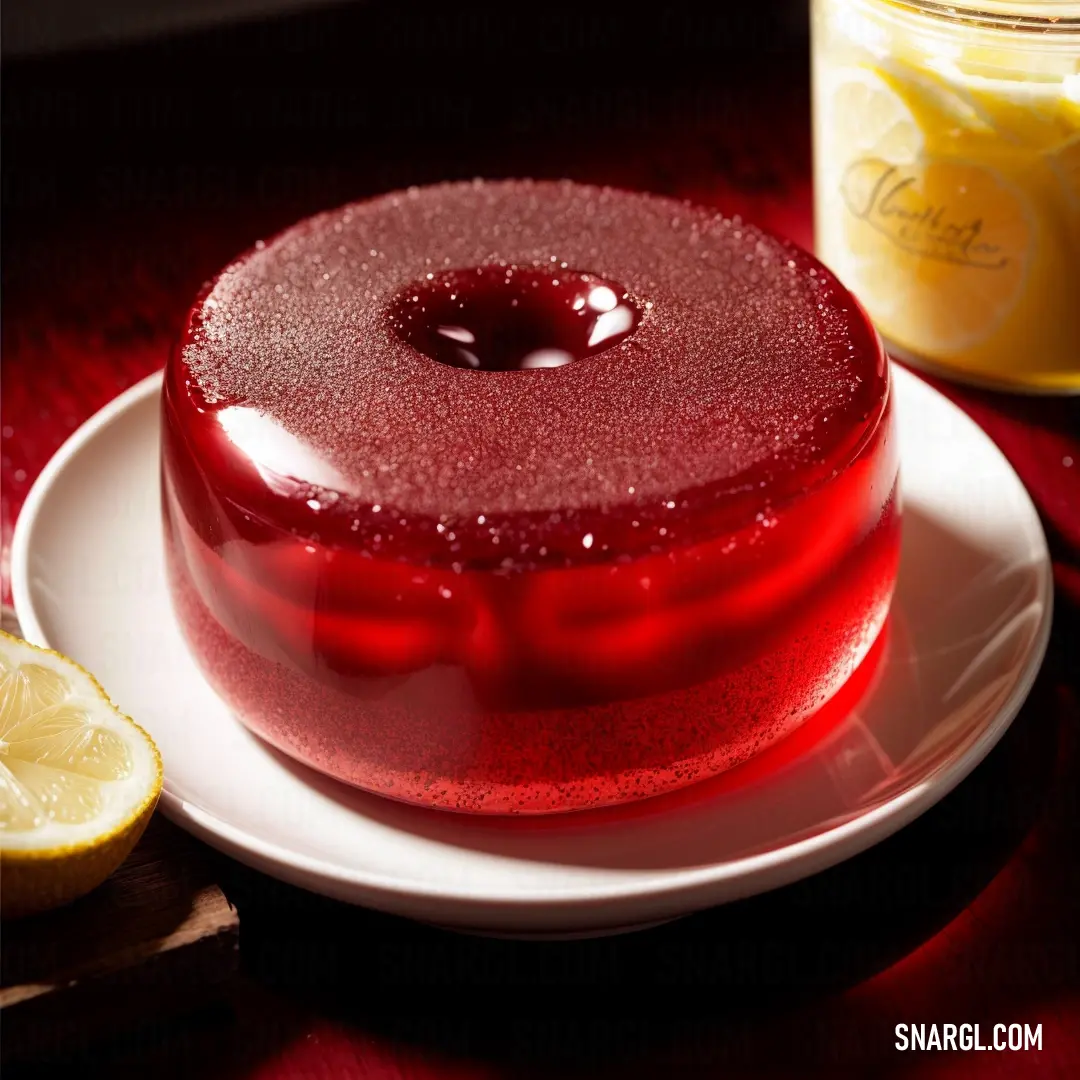 Red cake on a plate with a lemon slice next to it and a jar of lemonade in the background. Color RGB 204,6,5.
