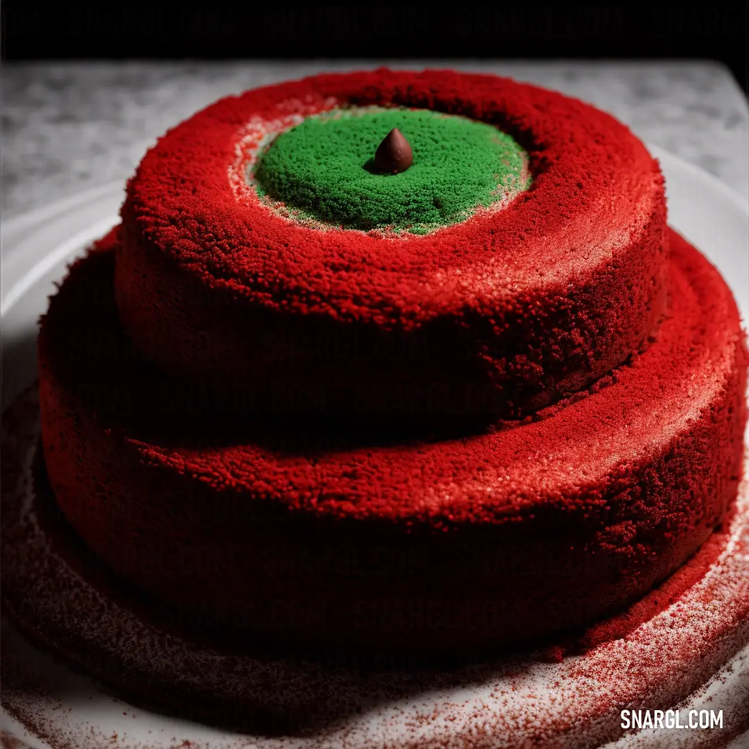 Transport Red color. Red cake with a green center on a white plate with a white cloth underneath it