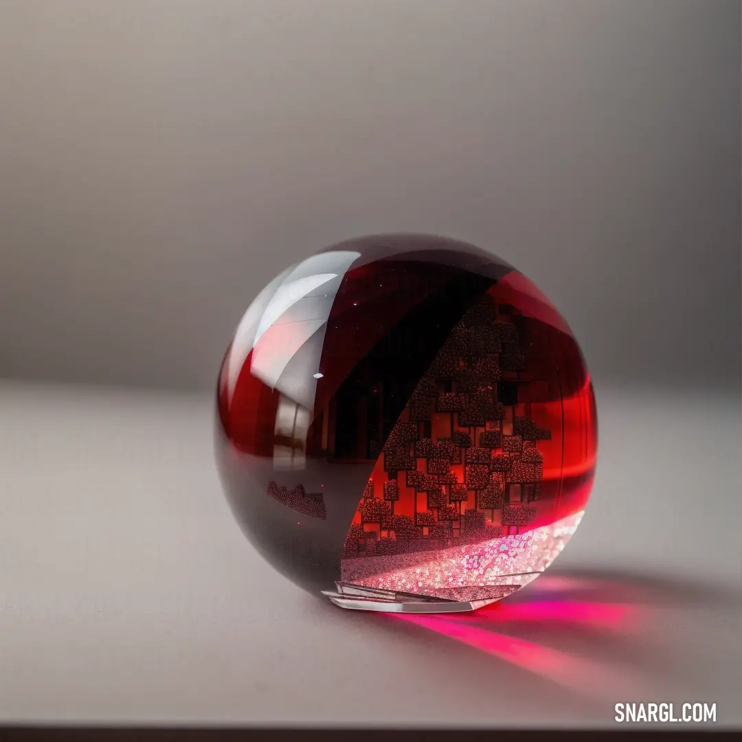 Red glass object on top of a table next to a white wall and a light shining on it