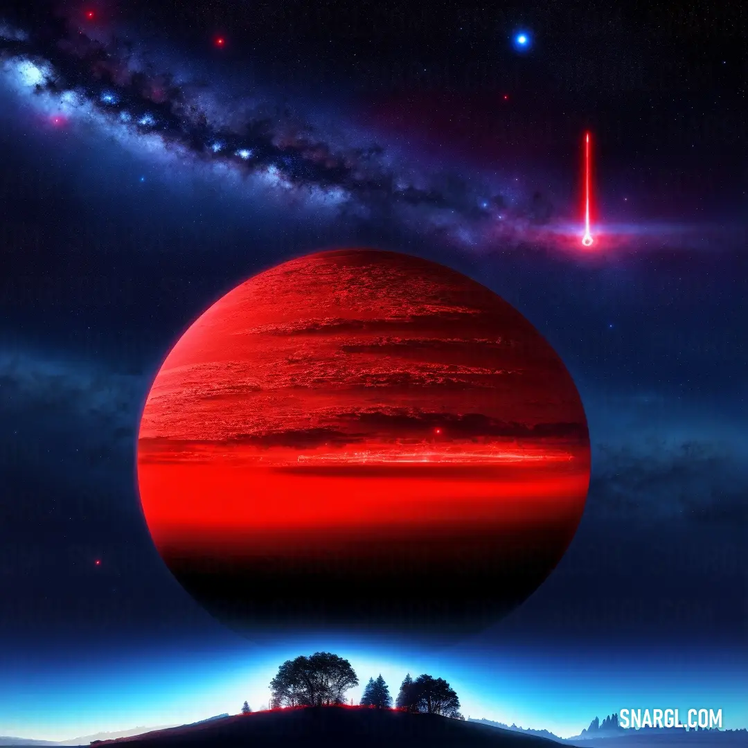 Red planet with a red star in the background and a red light in the sky above it