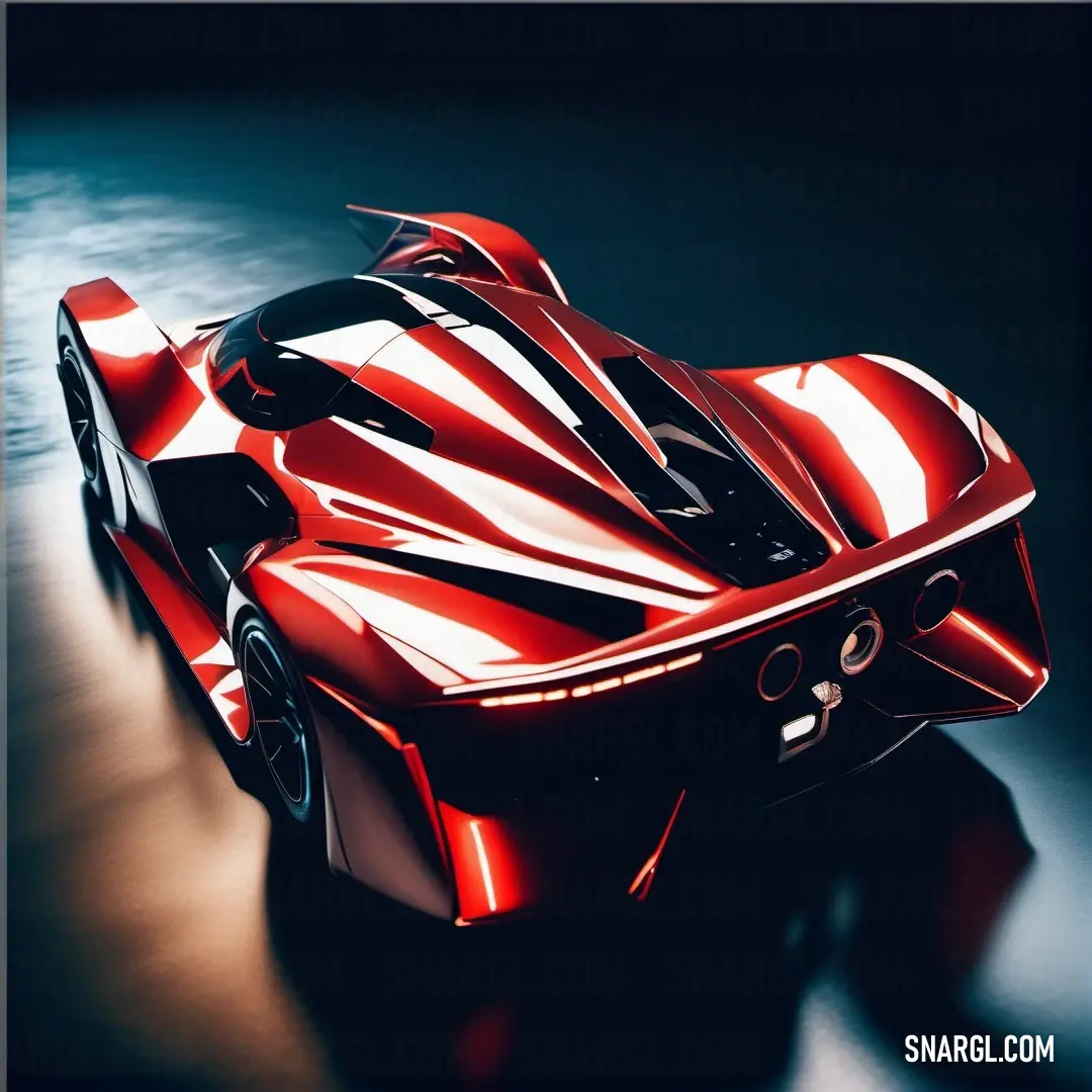 Red sports car is shown in this artistic photo of a car that is red and black and has stripes on it. Example of CMYK 0,97,98,20 color.