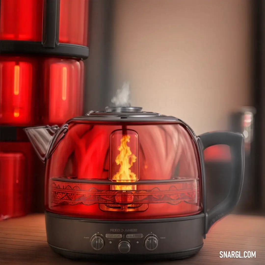 Red teapot with a flame inside of it on a table next to red cups