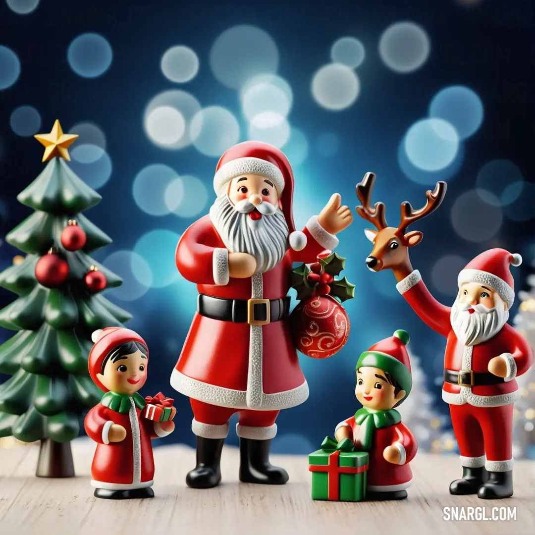 Group of santa claus figurines standing next to a christmas tree with a star on it's head. Color CMYK 0,97,98,20.