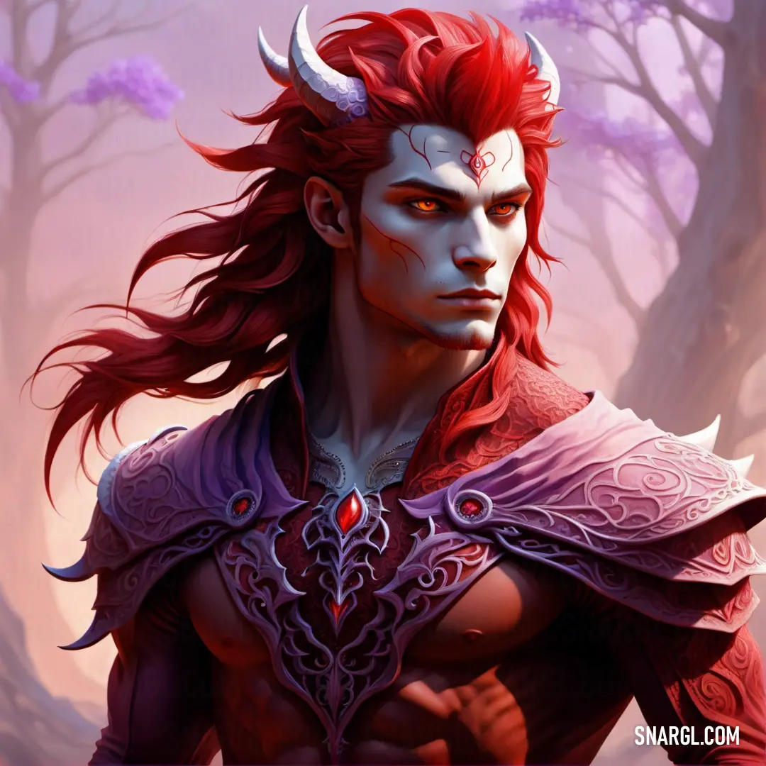Male character with red hair and horns in a forest with trees and purple flowers in the background. Example of RGB 204,6,5 color.