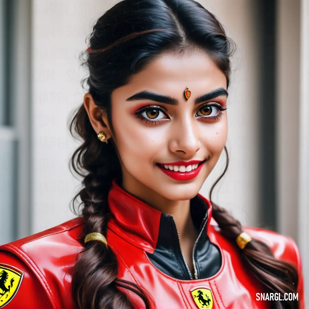 Woman with a red jacket and a braid in her hair and a red jacket with a ferrari logo on it. Color RGB 204,6,5.