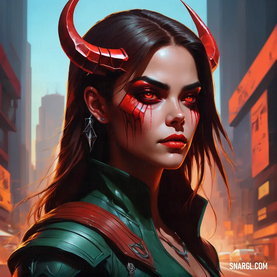 Woman with horns and red makeup in a city setting with buildings and a red light. Color CMYK 0,97,98,20.