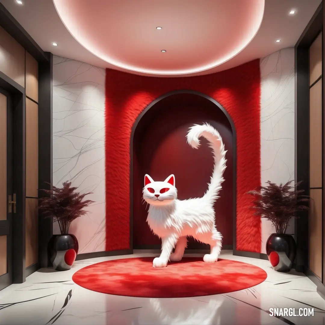 Transport Red color. White cat standing on a red rug in a room with a red wall and a red door and a red rug