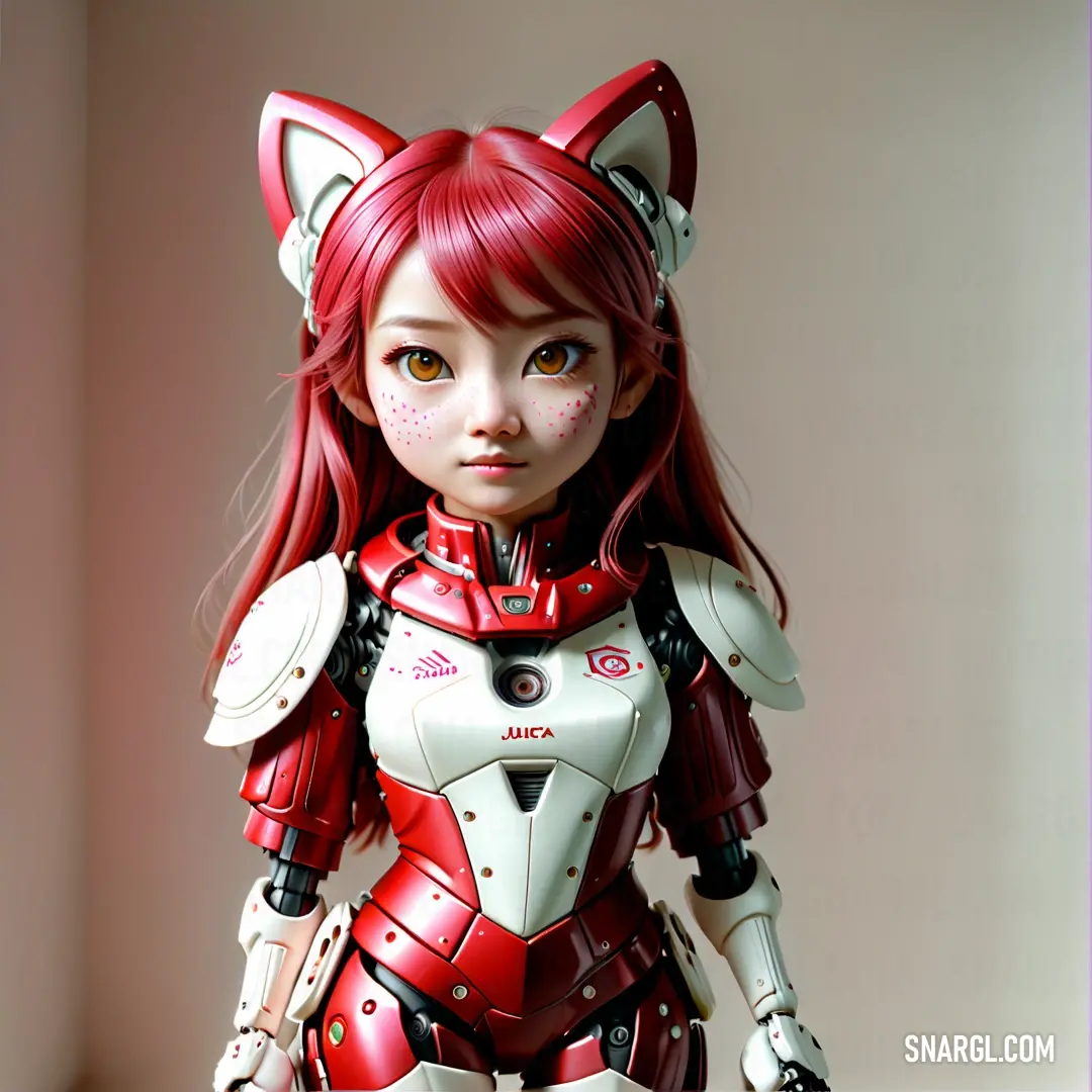 Woman in a cat suit with red hair and a cat ears on her head and chest. Color Transport Red.