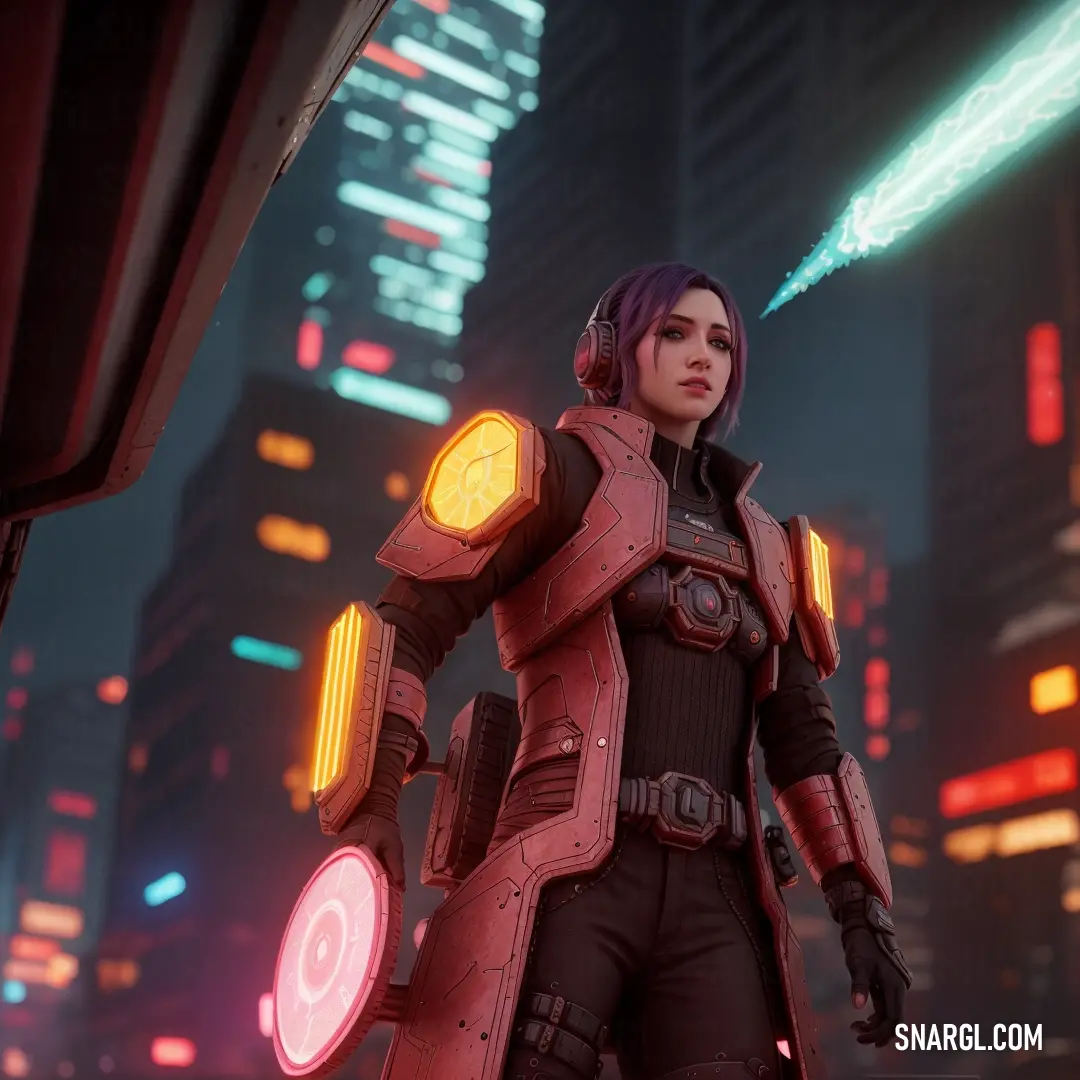 Woman in a futuristic suit standing in front of a city at night with neon lights on her chest