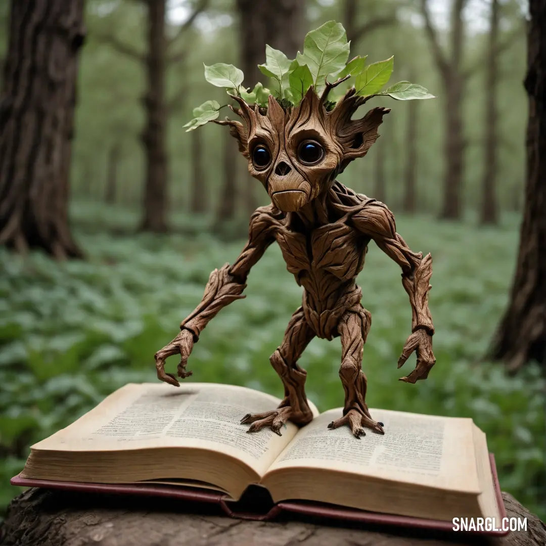 Book with a small Treant on top of it in the woods with trees in the background