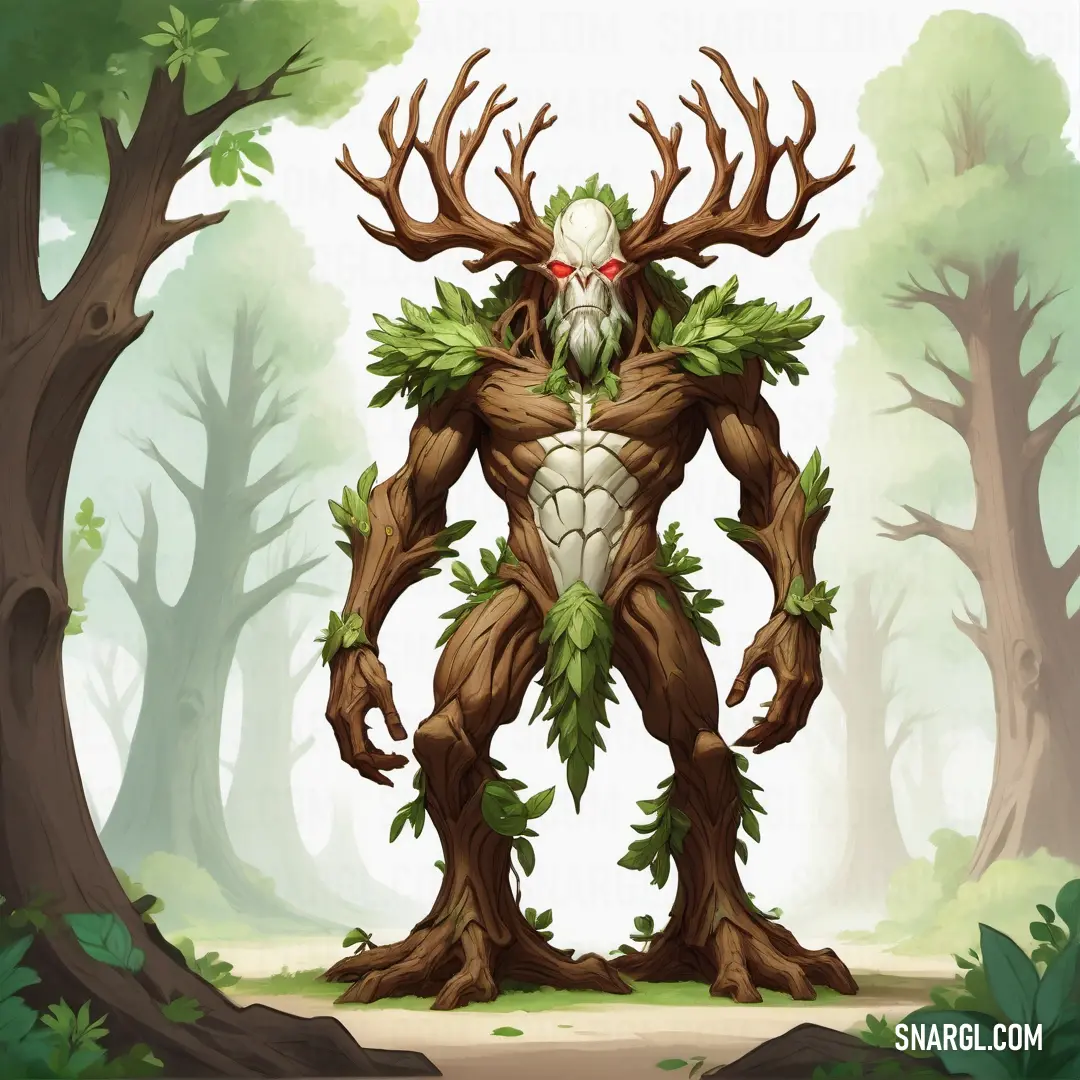 Treant with a weird face and a tree trunk in the woods with leaves on it's body