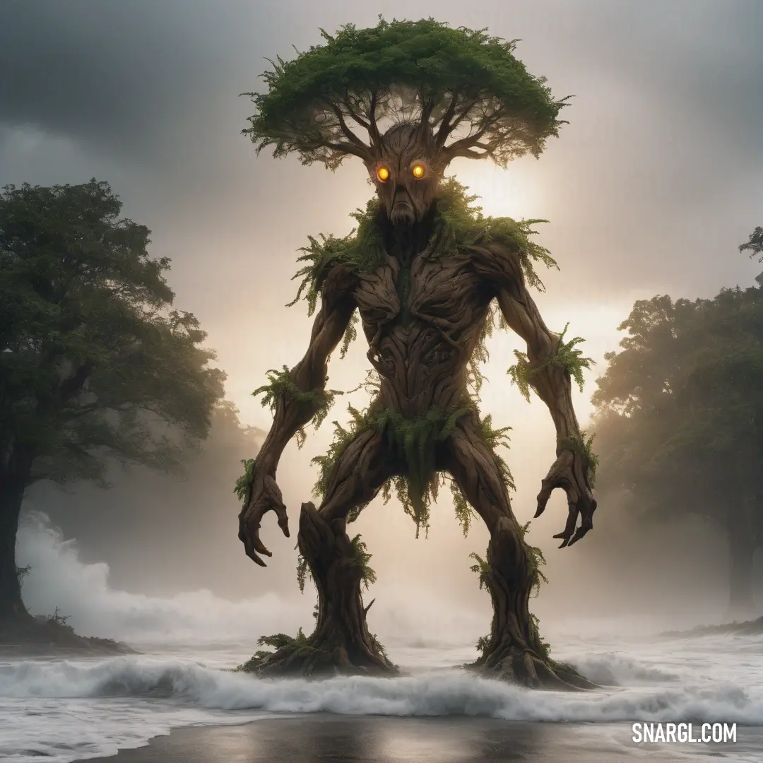 Treant with a tree on its head and eyes standing in the water with a lot of trees around it