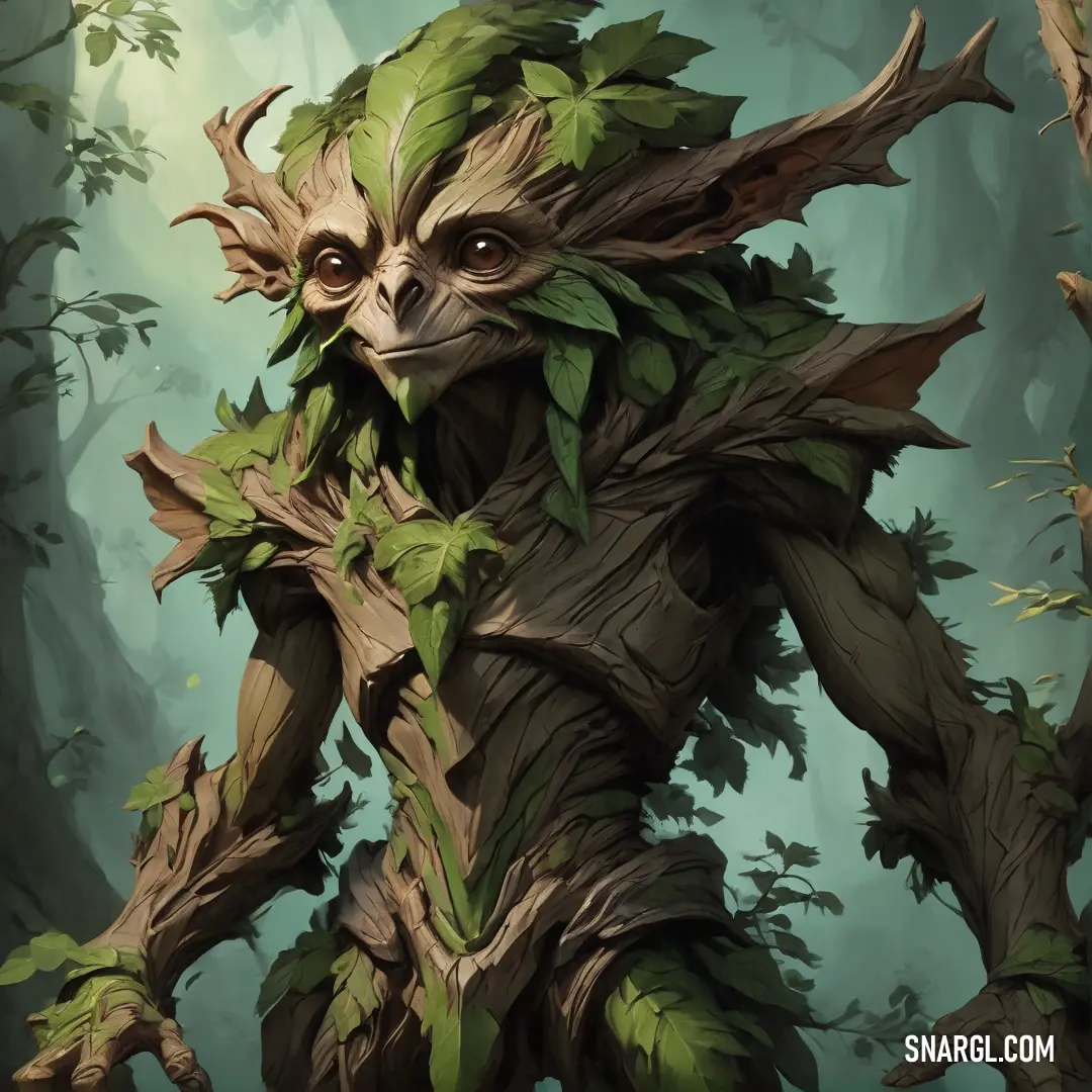 Treant with a tree trunk and leaves on it's body, in the middle of a forest