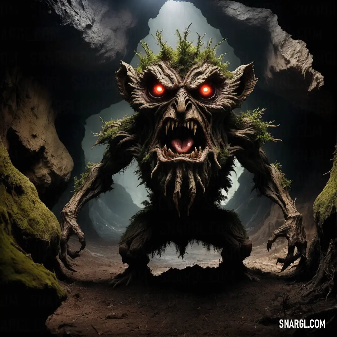Creepy Treant with red eyes and a creepy face in a cave with mossy rocks and a light shining in the distance
