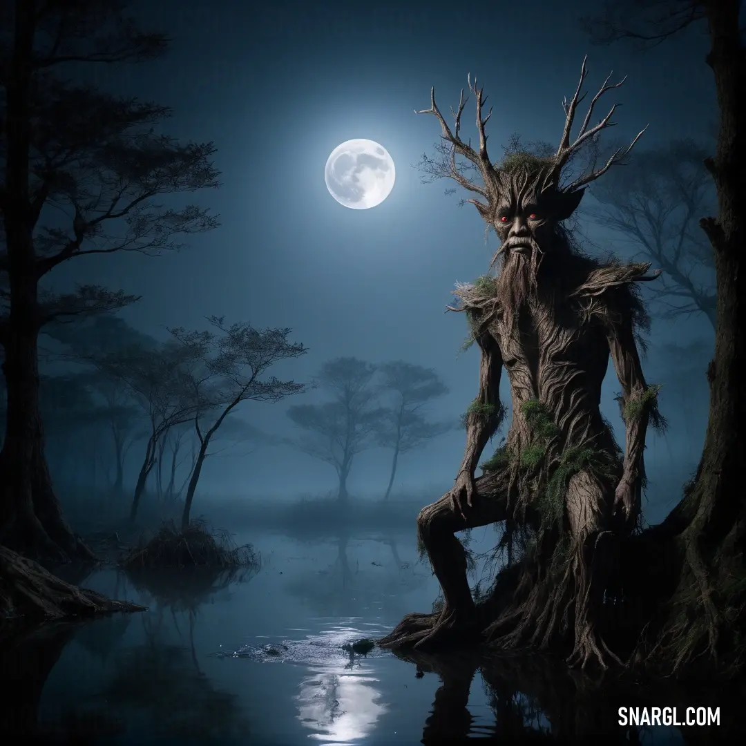 Creepy looking Treant standing in the middle of a swamp at night with a full moon in the background