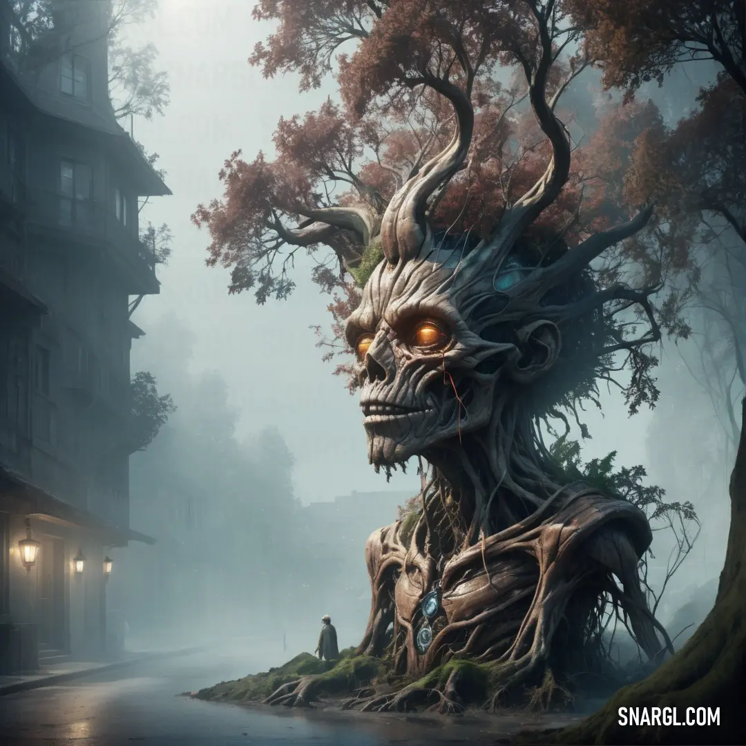 Creepy looking tree with a face on it's head and a male Treant standing in the background in a foggy forest