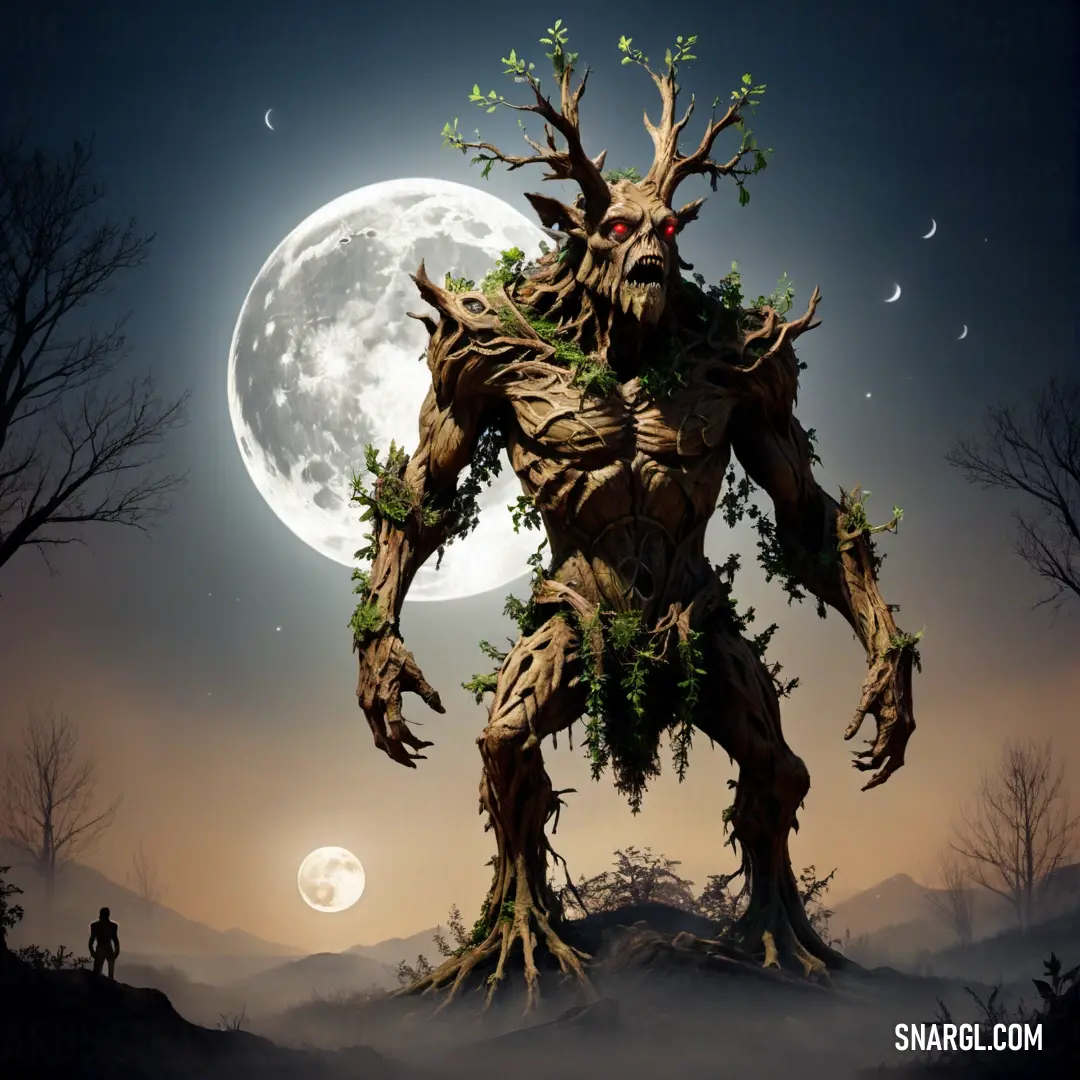 Giant tree male Treant standing in the middle of a forest with a full moon in the background