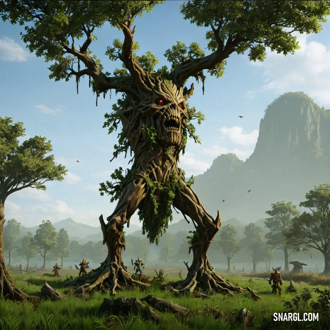 Giant tree with a face in the middle of a field with trees and mountains in the background