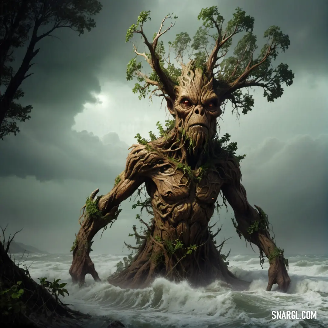 Giant tree with a face and a body of water in the background