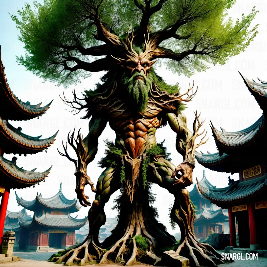 Giant tree with a male Treant standing in front of it with a lot of trees around it and buildings in the background