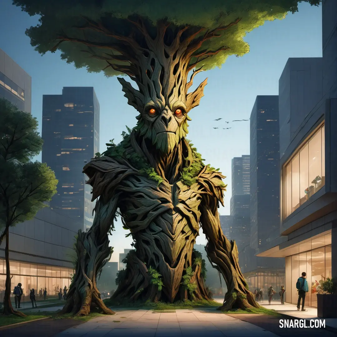 Giant tree with a male Treant standing in front of it in a city street with tall buildings and people walking around